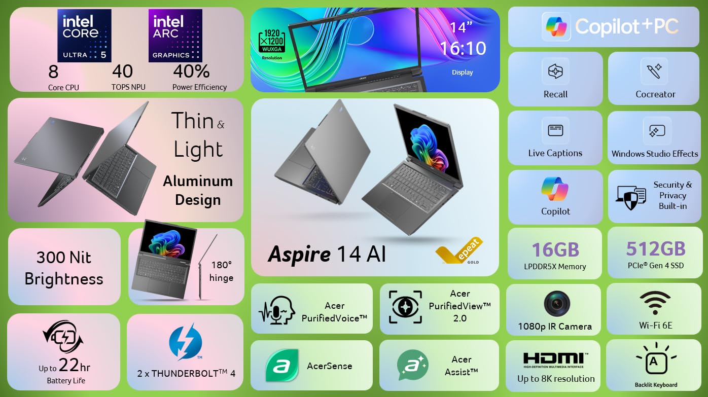 acer Aspire 14 AI Copilot+ PC | 14" WUXGA Display | Intel Core Ultra 5 Processor 226V | NPU: Up to 40 Tops - GPU: Up to 53 Tops | Intel ARC 130V | 16GB LPDDR5X | 512GB SSD | Wi-Fi 6E | A14-52M-51S1 - Image 12