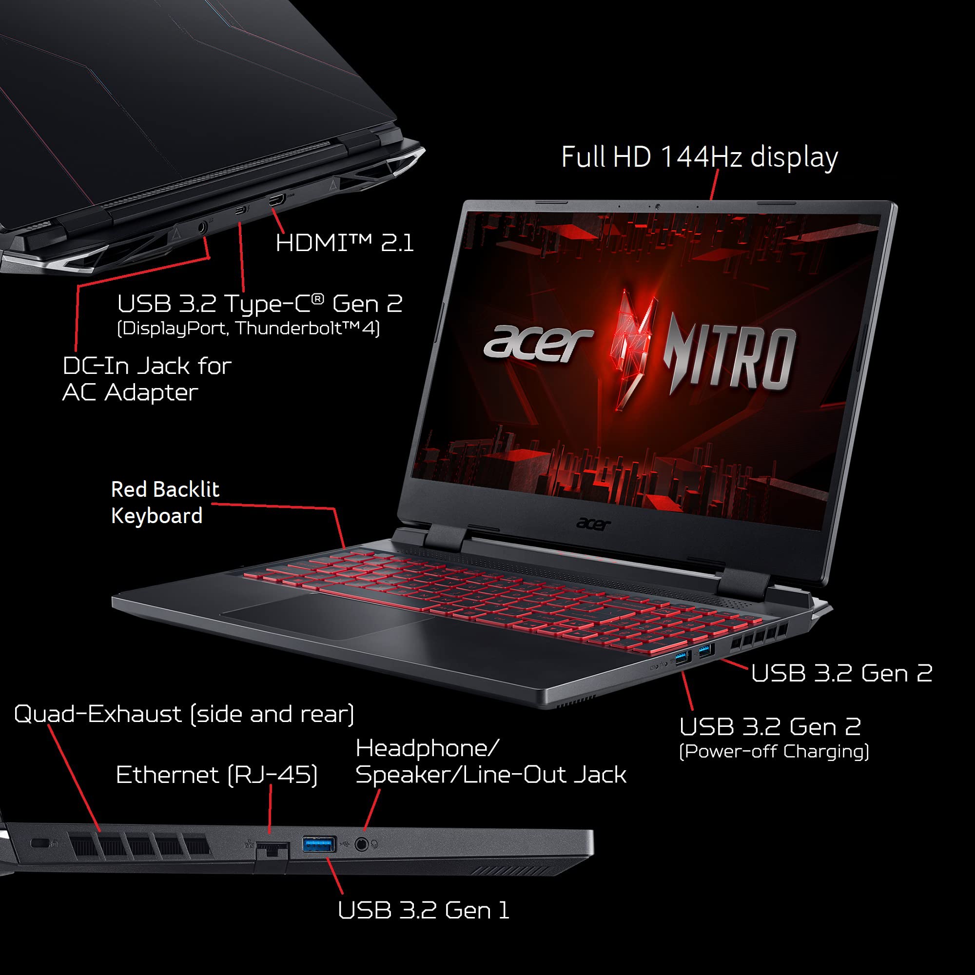 Acer Nitro 5 AN515-58-525P Gaming Laptop | Intel Core i5-12500H | NVIDIA GeForce RTX 3050 Laptop GPU | 15.6" FHD 144Hz IPS Display | 8GB DDR4 | 512GB PCIe Gen 4 SSD | Killer Wi-Fi 6 | Backlit Keyboard - Image 5