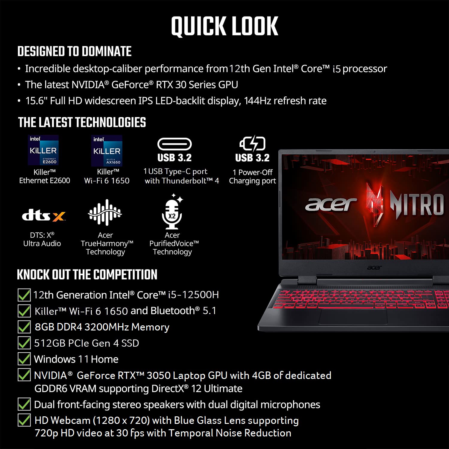 Acer Nitro 5 AN515-58-525P Gaming Laptop | Intel Core i5-12500H | NVIDIA GeForce RTX 3050 Laptop GPU | 15.6" FHD 144Hz IPS Display | 8GB DDR4 | 512GB PCIe Gen 4 SSD | Killer Wi-Fi 6 | Backlit Keyboard - Image 6